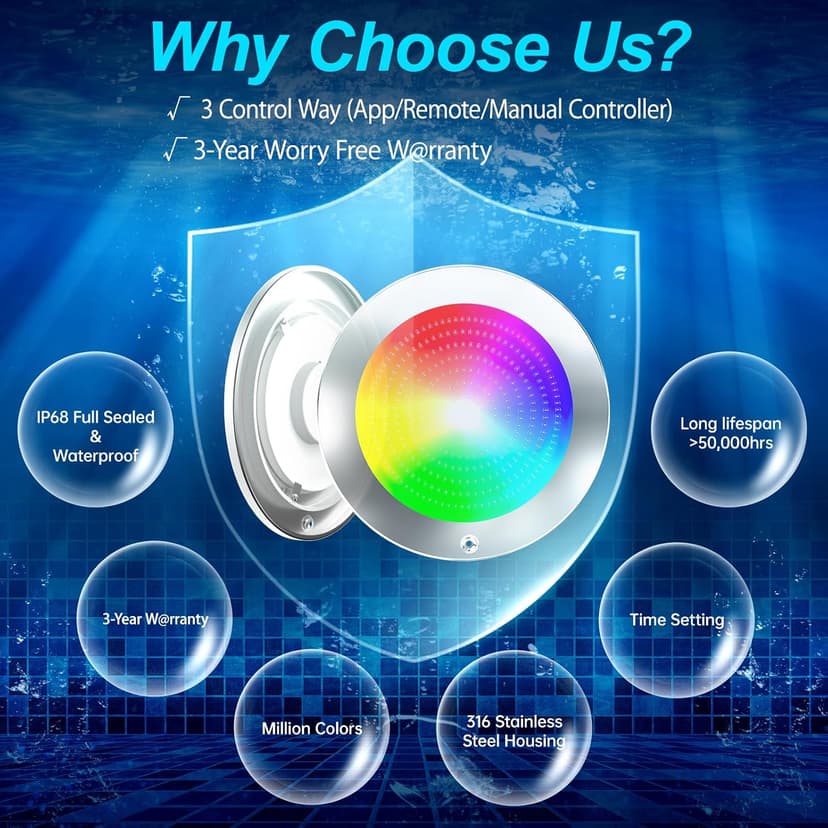 60ft Led Smart Pool Lights for Inground Pool with 3 Control Way (App/Remote/Controller), 54W 10 Inch Color Changing Underwater Swimming PoolLight for 10" Large Wet Niches