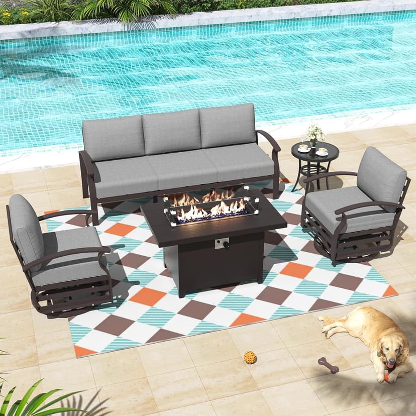 ALAULM Aluminum Patio Furniture Set with Propane Fire Pit Table 5-seat Metal Outdoor Furniture w/Fire Pit Patio Sectional Sofas w/5.2" Cushions for Patio, Backyard, Poolside-Grey