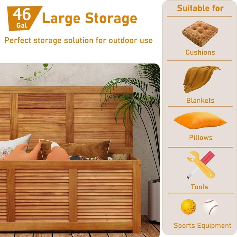 RELAX4LIFE Deck Box Acacia Wood - 46 Gallon Backyard Storage Bin Container for Patio Furniture Cushions, Pillows, Garden Tools, Pool Accessories, Wooden Porch Bench, Indoor Outdoor Storage Box