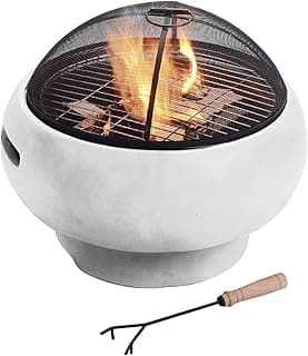 Teamson Home MGO Light Concrete Round Charcoal and Wood Burning Fire Pit for Outdoor Patio Garden Backyard with Spark Screen, Fireplace Poker, Grate, and BBQ Grill, Light Gray