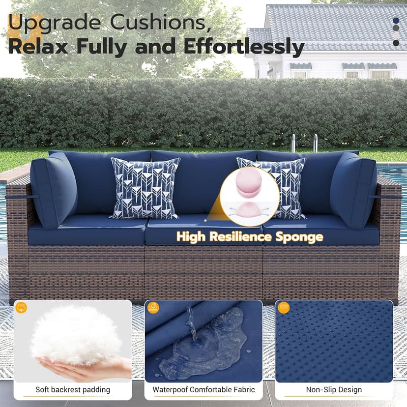 UDPATIO Patio Furniture Set with Fire Pit Table, 8 Piece Outdoor Sectional Modular Sofa, Wicker Outdoor Furniture Conversation Sets with Waterproof Cover for Backyard Deck (Brown/Navy Bule)