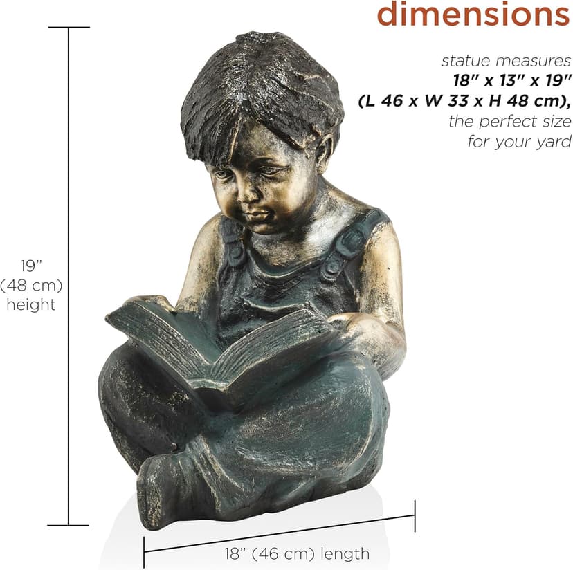 Alpine Corporation 19" Tall Indoor/Outdoor Boy Sitting Down Reading Book Statue Set Yard Art Decoration