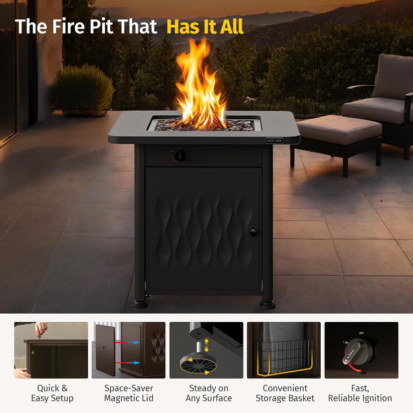 EAST OAK 28" Outdoor Propane Fire Pit Table | 52,000 BTU Gas Fire Pit Table for Outside with Magnetic Lid | Storage Basket & Lava Rocks | CSA Certified for Patio, Garden & Backyard | Black