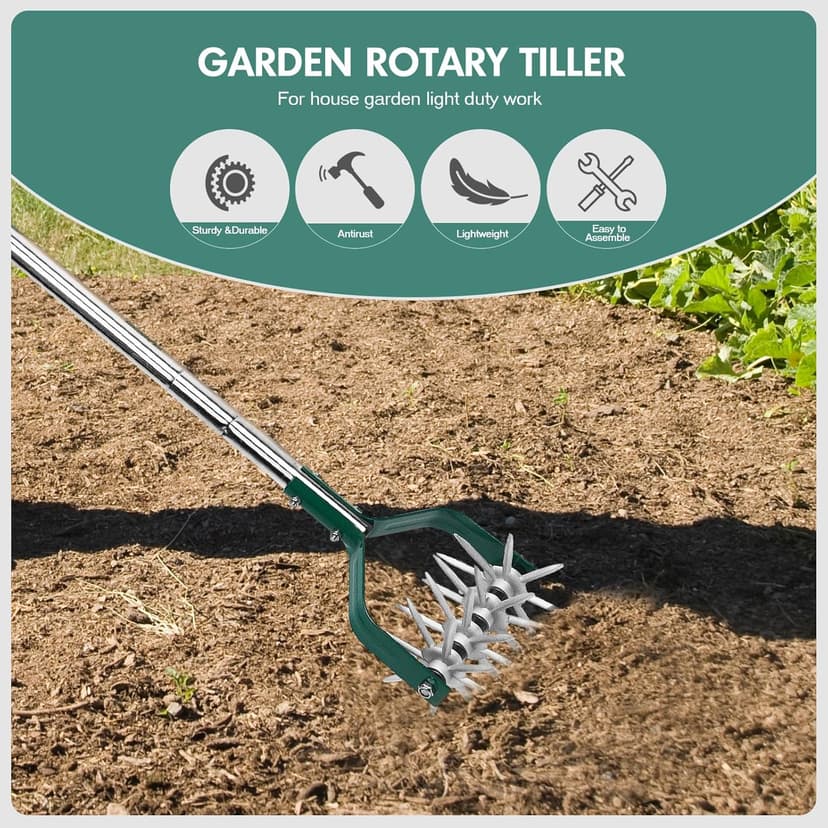 Rotary Cultivator Tiller Adjustable S/S Handle Rotary Tiller with Detachable Solid Metal Tines Garden Cultivator Lawn Tiller and Manual Tiller for Loosing and Mixing Soil