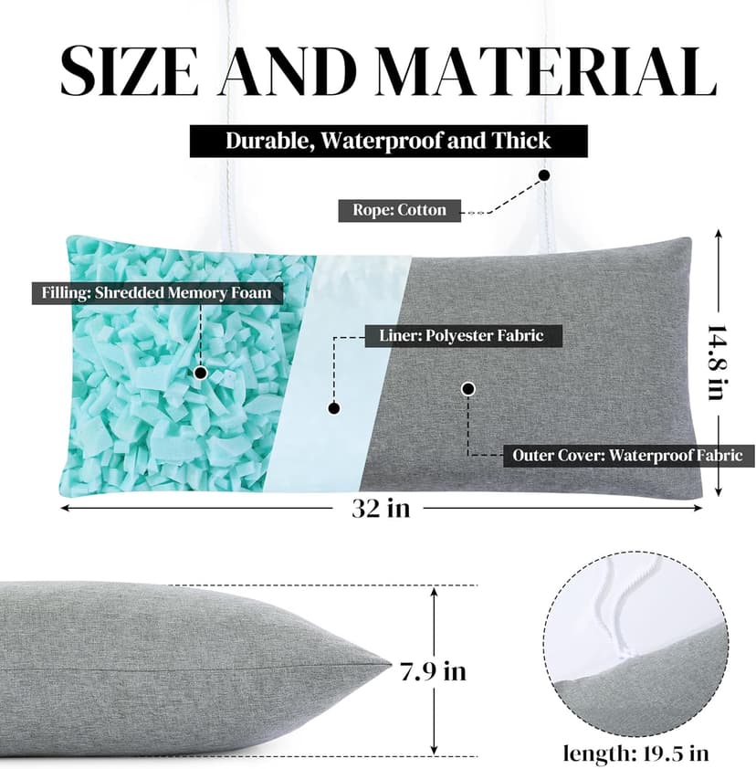 HOMBYS 32" x 14" Shredded Memory Foam Hammock Pillow for Outdoor, Waterproof and Weatherproof Pillow with Durable Ties (Gray)