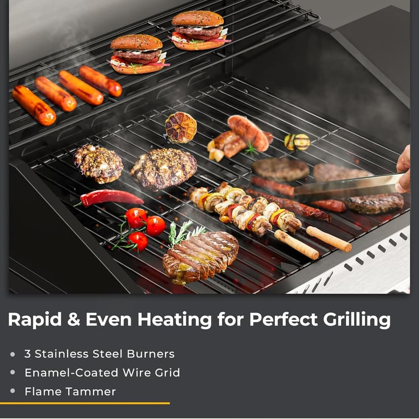 R.W.FLAME 3 Burners Propane Gas Grill with Side Burner, 34000 BTU BBQ Grills for Outdoor Cooking, Enamel-coated Wire Grate, Removable Grease Tray, Barbecue Grill for Camping, Backyard, Patio, Deck