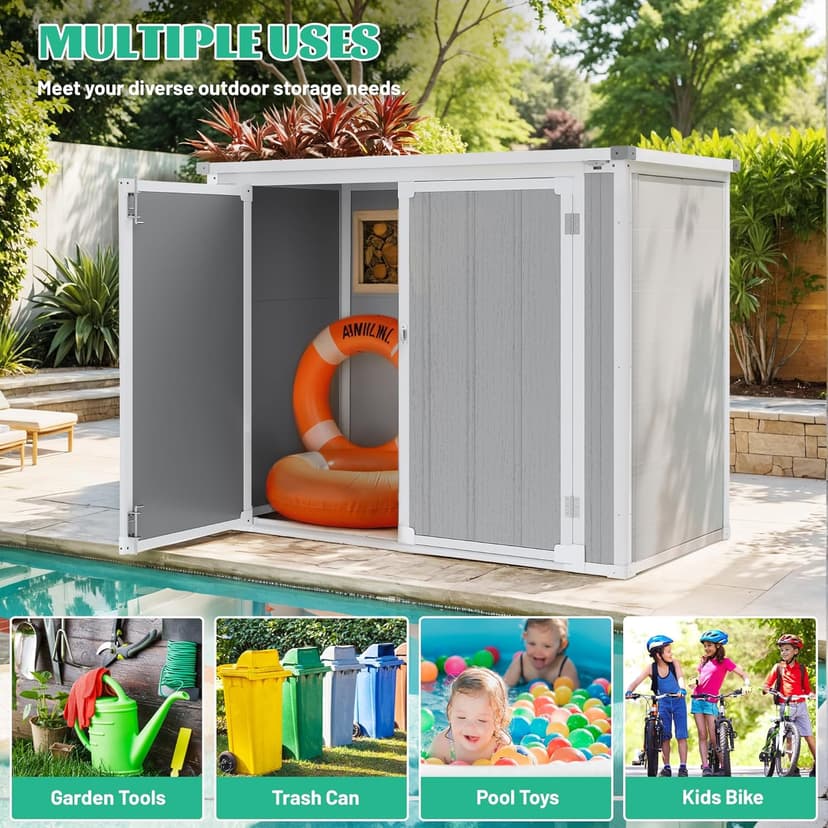 4.7x2.5ft Horizontal Resin Shed with Floor, 34.5 Cu Ft Outdoor Storage Shed for Trash Cans and Garden Tools, Waterproof Plastic Outdoor Shed for Lawn Mower, Pool Toys, Bicycle (Gray)