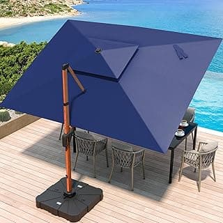 10 X 13 FT Cantilever Patio Umbrella Outdoor Large Double Top Deluxe Wood Grain Heavy Duty Rectangle Offset Umbrellas with 360° Rotation for Pool Deck Backyard Garden, Navy