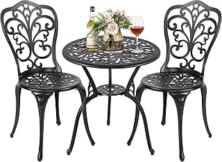 NUU GARDEN 3 Piece Outdoor Bistro Table Set, All Weather Cast Aluminum Patio Bistro Sets Patio Table and Chairs Set of 2 with Umbrella Hole for Yard, Garden, Balcony, Black