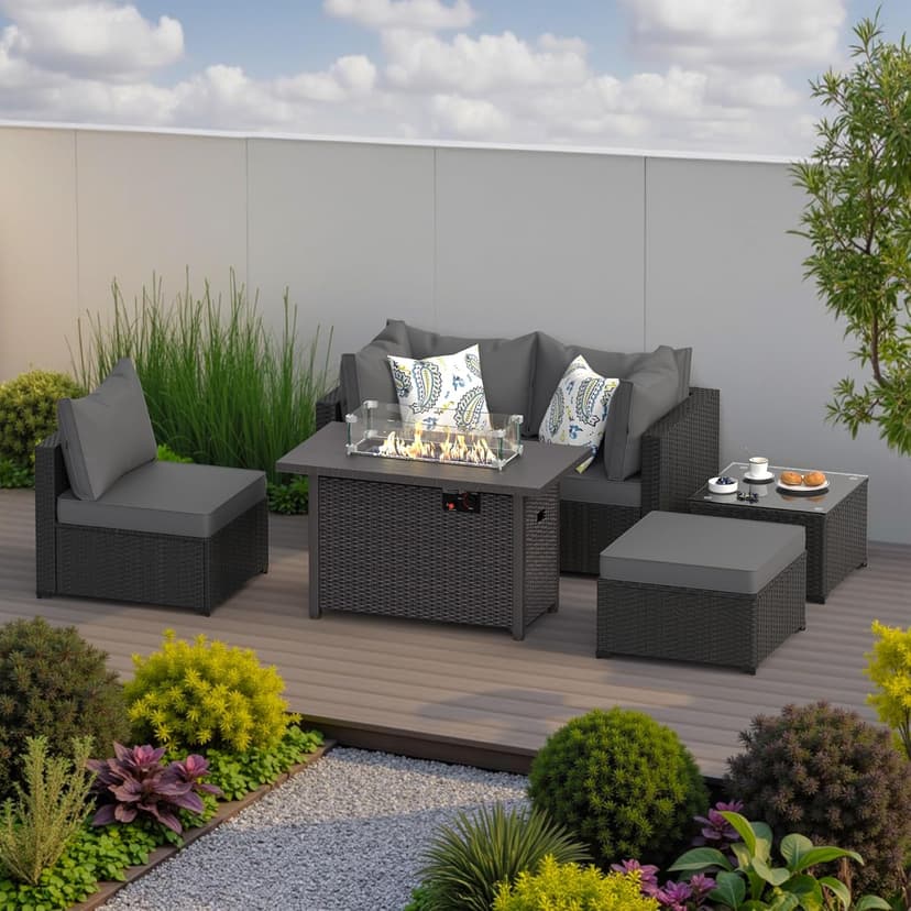 Patio Furniture Set with Fire Pit Table, 6PCS Outdoor Conversation Sets Waterproof Rattan Sectional Sofa with 4” Thickened Cushion Modular Wicker Patio Furniture Set with Glass Top Table (Grey)