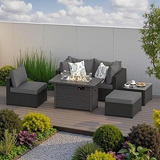 Patio Furniture Set with Fire Pit Table, 6PCS Outdoor Conversation Sets Waterproof Rattan Sectional Sofa with 4” Thickened Cushion Modular Wicker Patio Furniture Set with Glass Top Table (Grey)