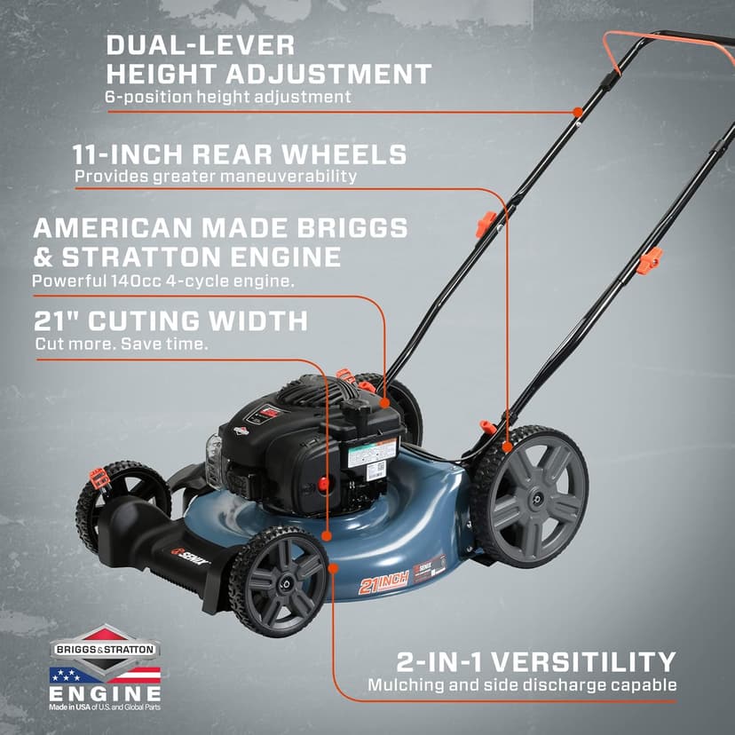 SENIX 21-Inch Gas Push Lawn Mower with 140 cc 4-Cycle Briggs & Stratton Engine, Mulching and Side Discharge, 6-Position Dual Lever Height Adjustment (LSPG-M6)