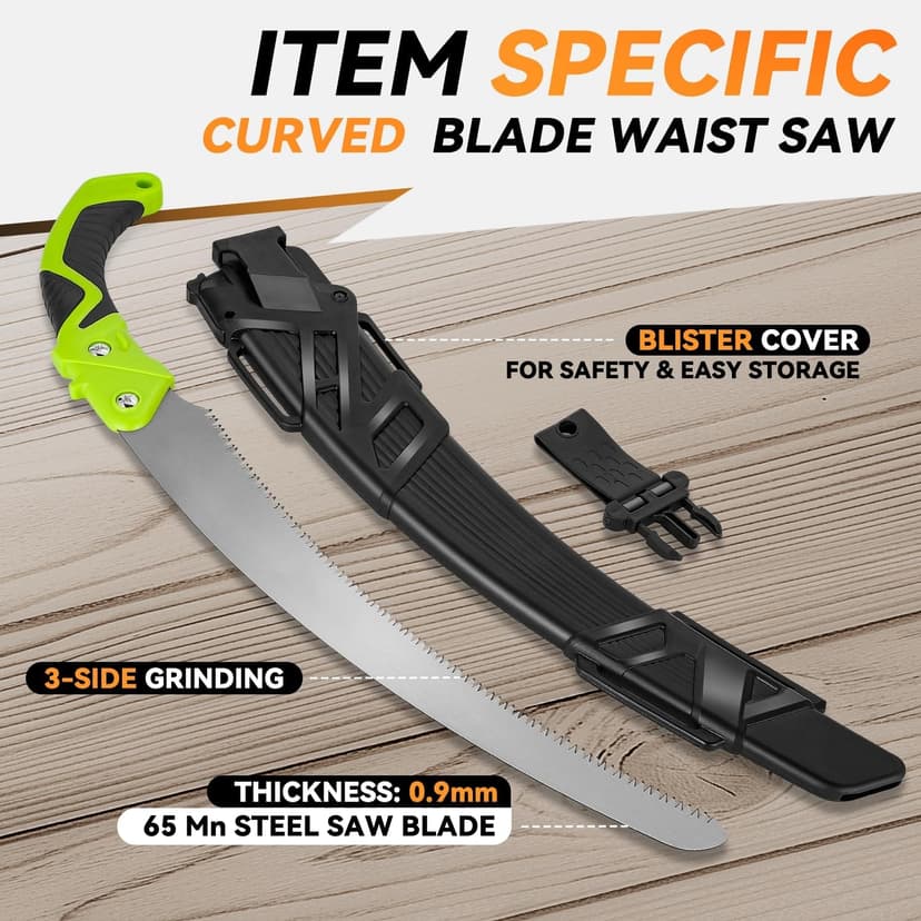 Auto Dynasty 15.5" Curved Handsaw Blade Pruning Hand Saw with Scabbard Safety Sheath Non-Slip Comfort Grip for Sawing, Trimming, Gardening, Cutting Wood, Green