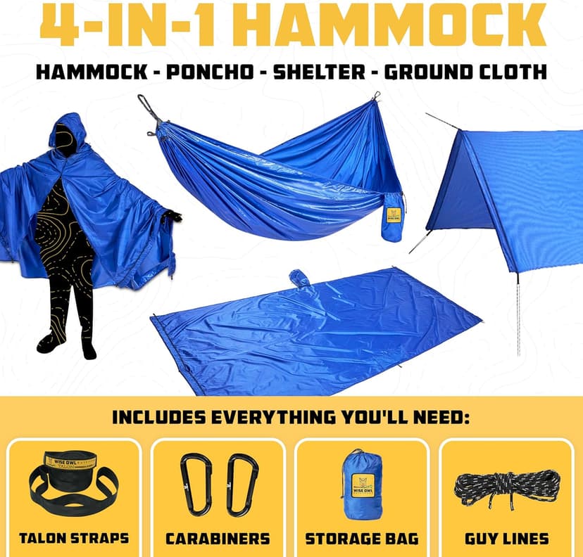 Wise Owl Outfitters 4in1 Hammock - Camping Hammock, Shelter Tarp, Poncho, and Footprint - Camping Essentials and Accessories for Campers