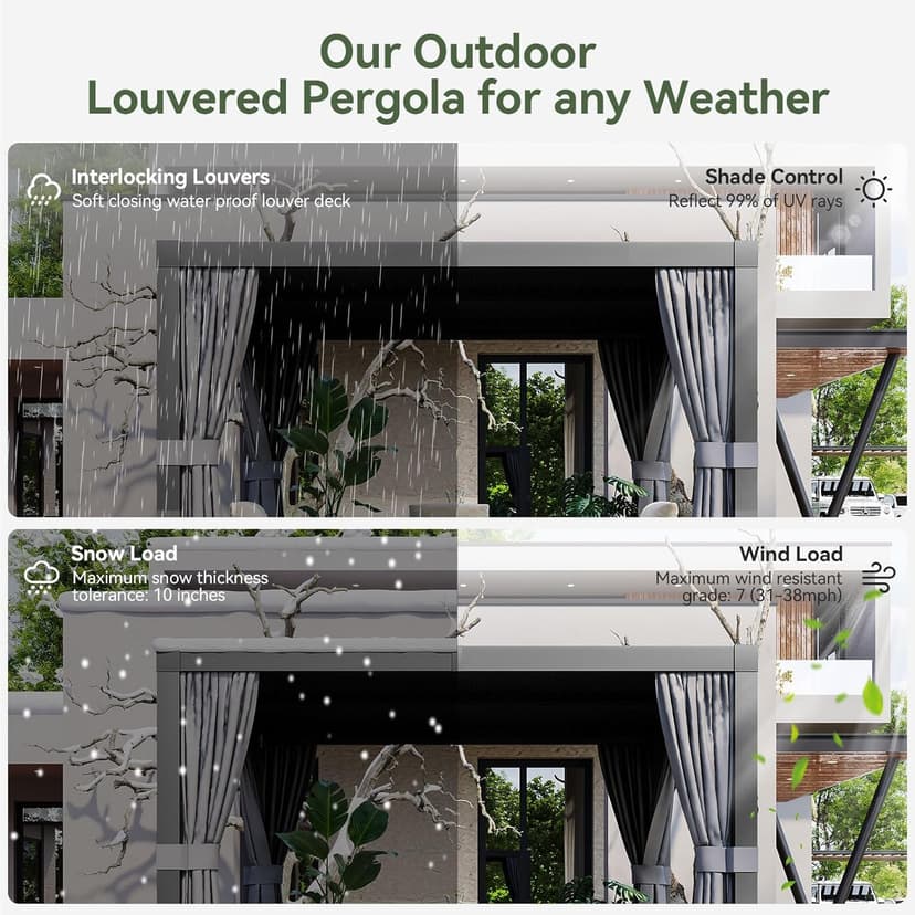Aoxun Louvered Pergola 10' x 12' Outdoor Aluminum Pergola with Adjustable Top for Decks, Gardens and Backyards, Gray