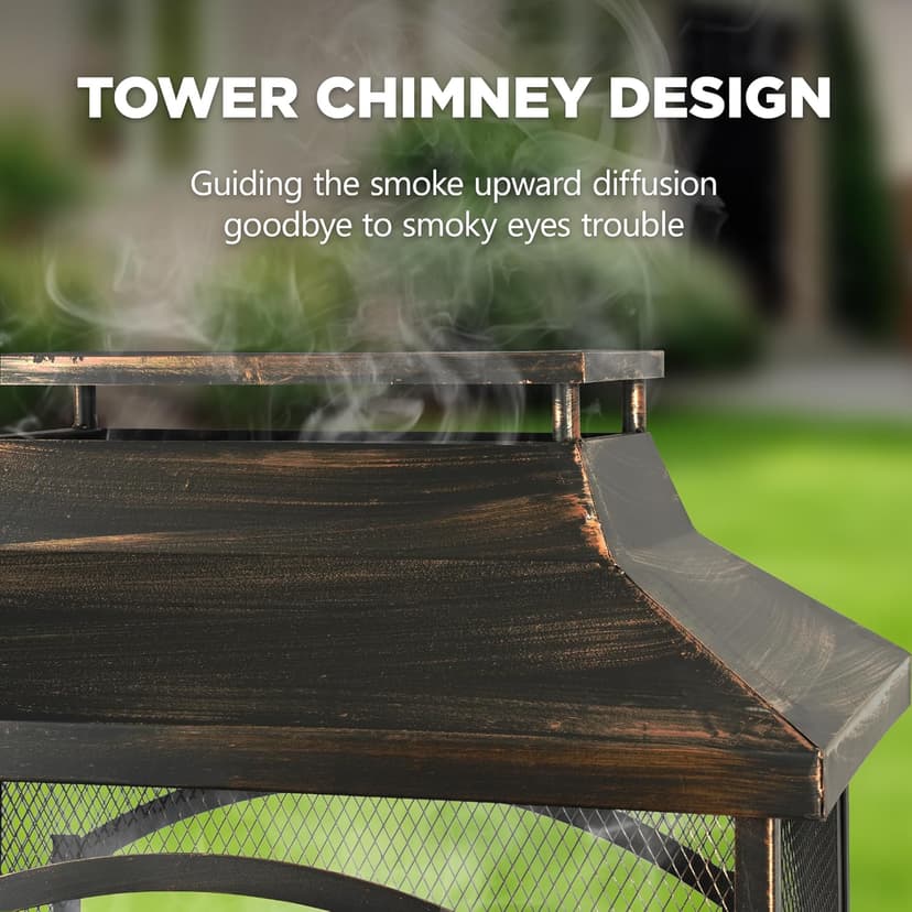 Red Mountain Valley 37" Fire Pits with Wood Storage for Outside, Large Wood Burning Outdoor Fireplace with Chimney, Mesh Spark Screen & Fire Poker, Idea for Backyard, Patio, Party, Camping, Picnic