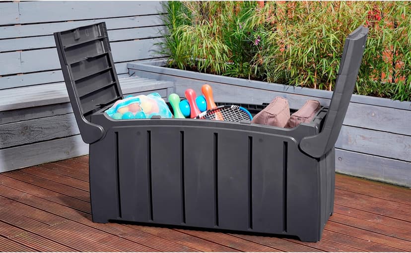 Products 85 Gallon (321L) Outdoor Storage Organization Bin, Patio Deck Box with Dual Door Lid for Garden, Pool, & Furniture Accessories, Black
