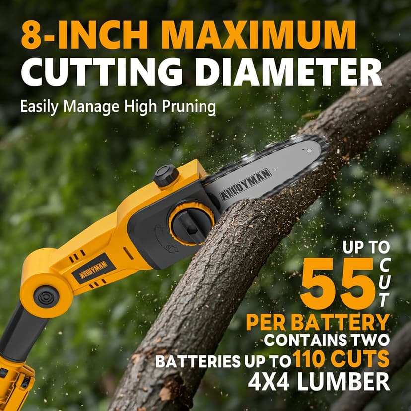 Alloyman Pole Saw 8-Inch Cordless and 16-Inch Pole Hedge Trimmer 2-in-1,with 2 Packs 4.0Ah Batteries & Charger,for Tree Trimming and Shrubs Pruning