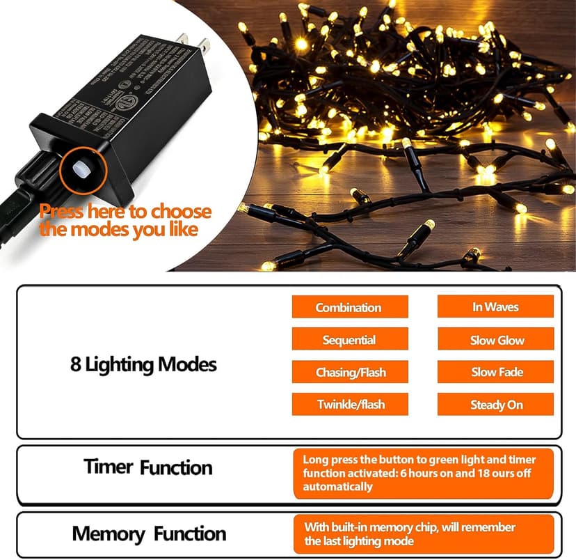 Upgraded 82FT 200 LED Christmas String Lights Outdoor/Indoor, Timer & Memory Function & 8 Modes, Extendable Green Wire, Waterproof Fairy String Lights for Xmas Tree Holiday Party Garden (Warm White)