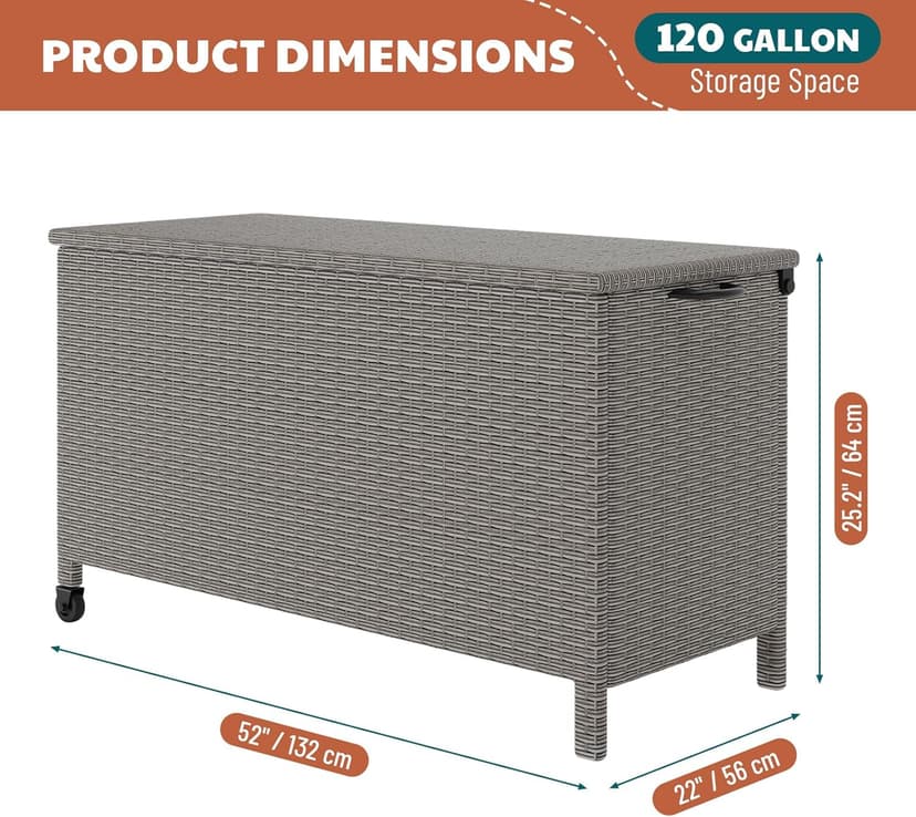 120 Gallon Outdoor Storage Box, Waterproof PE Rattan Deck Box With Wheels, Large Storage Bench for Patio Cushions, Tools, Pool Supplies, Grey