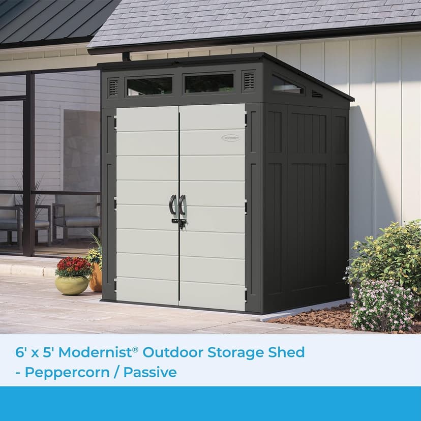 Suncast 6' x 5' Modernist Storage Shed for Yard Storage, All-Weather Outdoor Storage Shed with 2 Lockable Doors and Windows, Peppercorn, Made in The USA