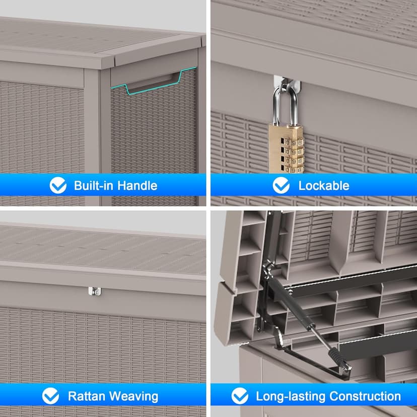 260 Gallon Resin Deck Box, Waterproof Outdoor Storage Box, Lockable for Patio Furniture, Garden Tools, Pool Accessories, UV-Resistant for All Weather Use, Coffee