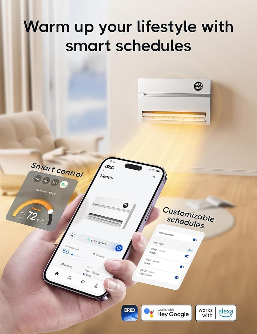 Dreo Smart Wall Heater, Electric Space Heater for Bedroom 1500W, 120° Vertical Oscillation, Adjustable Thermostat, Remote Control, 24H Timer, Easy-Mount Heater for Indoor Use, Works with Alexa, WH719S