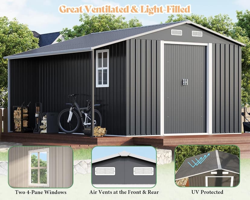 AMERLIFE 10.6x10.3x6.3 FT Outdoor Storage Shed with Sliding Doors Two 4-Pane Windows, Open Outdoor Shed for Wood Storage, Dark Grey/White