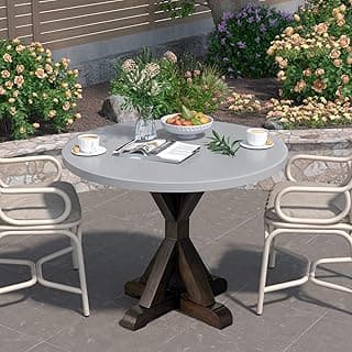 SUNBURY Outdoor Patio Dining Table, Large Patio Bistro Table w Wooden Leg, Outside Dinner Table, Round Outdoor Concrete Coffee Table for Indoor, Garden, Backyard（Dark Brown）