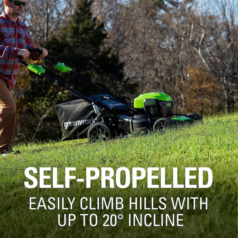 Greenworks 40V 21" Self-Propelled Lawn Mower,Axial Leaf Blower(500 CFM / 120 MPH),13" String Trimmer with 2 Batteries(5Ah+2Ah) & Chargers