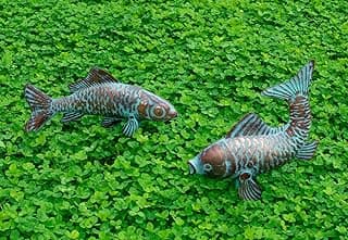 G/N CLYB Set of 2 Koi Fish Decor Outdoor Statue Sculpture Garden Pond Fishes Yard Art Antique Copper Koi Sculptures & Statues Metal Koi Fish Figurine Ornaments Décor Gifts for Women Mom Grandma