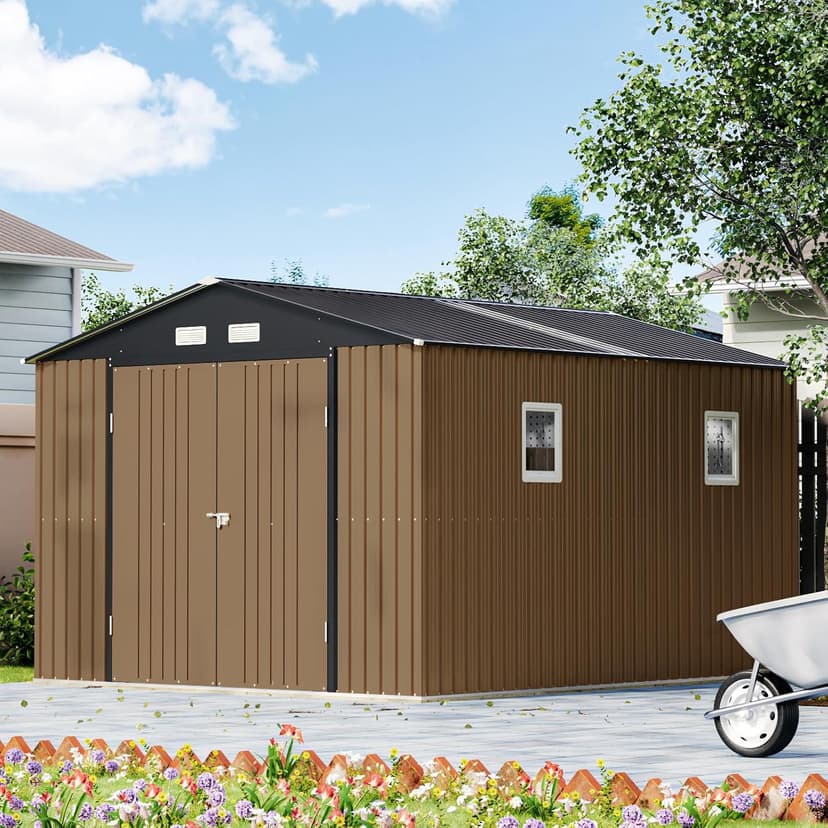 10X12X7.5 FT Outdoor Steel Storage Shed with Lockable Doors, 2 Windows, Transparent Roof Panels (Wood Panels & Frame Floor Not Included), Ideal for Patio Storage,Garbage Can, Chicken Coop，Brown