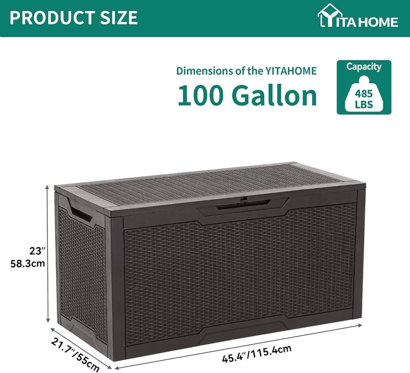 YITAHOME 100 Gallon Large Deck Box, Outdoor Resin Storage Boxes for Patio Furniture, Outdoor Cushions, Garden Tools, Water Resistant and Lockable