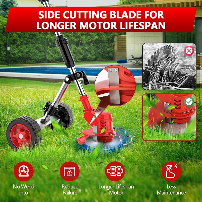 Electric Weed Wacker Cordless with Wheels,21V 2×2000mAh Weed Eater Battery Powered, 6-inch Cordless String Trimmer with 3 Types of Blades, Electric Grass Trimmer,Lawn Edger, Mower for Yard,Garden