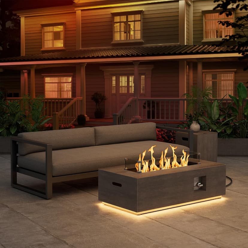 42" Modern Fire Pit Table with LED Light 50,000 BTU Deck Fire Pit Table Includes Wind Guard, Lid, Rocks & Cover - Propane Gas Patio Fireplace, Chimenea para Patio (Grey/Golden Light, 42" LED)