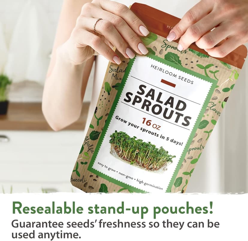 HOME GROWN Microgreens & Sprouts Salad Seeds Mix – 16oz Resealable Mylar Pack – Broccoli, Alfalfa, Radish, Clover – Heirloom 𝗡𝗢𝗡-𝗚𝗠𝗢 Seeds for Healthy Indoor Growing & Juicing