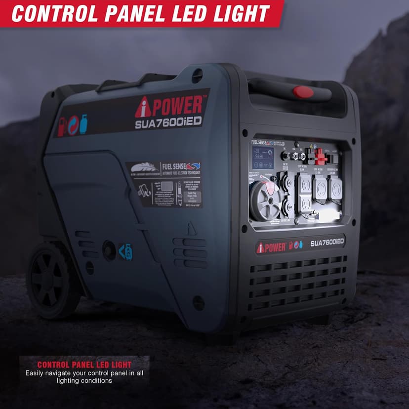 A-iPower 7600W Dual Fuel Portable Inverter Generator, Electric Start RV Ready, EPA & CARB Compliant CO Sensor, With Telescopic Handle For Backup Home Use, Tailgating & Camping (SUA7600iED)