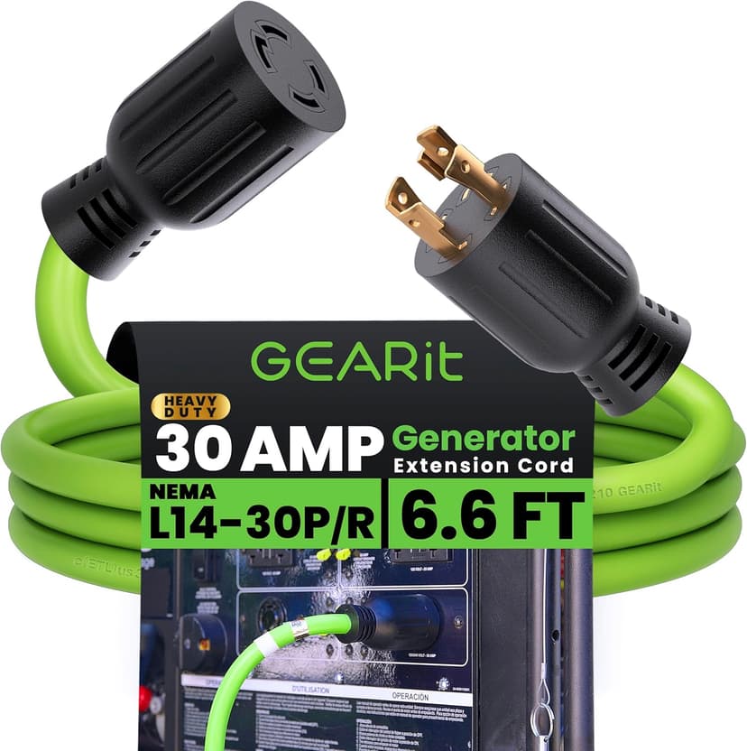 GEARit 30-Amp Generator Extension Cord, 120/250-Volt, 4-Prong, 7500W, NEMA L14-30P/L L14-30R, 10 Gauge SJTW Locking Power Cord for Manual Transfer Switch, Portable Generator, Power Outage, 6 Ft, Green