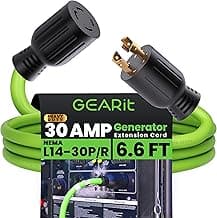 GEARit 30-Amp Generator Extension Cord, 120/250-Volt, 4-Prong, 7500W, NEMA L14-30P/L L14-30R, 10 Gauge SJTW Locking Power Cord for Manual Transfer Switch, Portable Generator, Power Outage, 6 Ft, Green