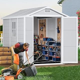 8.7x5.5 FT Outdoor Storage Shed with Floor, Weather-Resistant Resin Shed with Window, Lockable Door and Vents, Plastic Outside Tool Storage Sheds for Garden, Backyard, Lawn