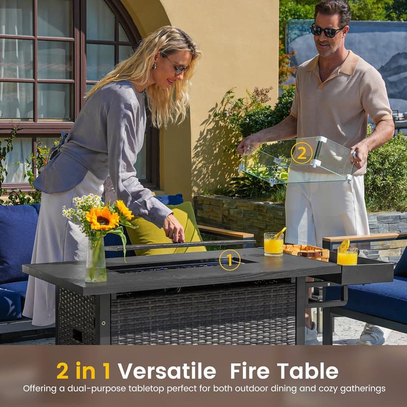 Sundale Outdoor 52 Inch Outdoor Fire Pit Table, 50000 BTU Propane Fire Pits with Storage Shelf, Glass Wind Guard and Lid, Wicker Patio Gas Fire Pit for Outside Patio and Garden, CSA-Listed(Grey)