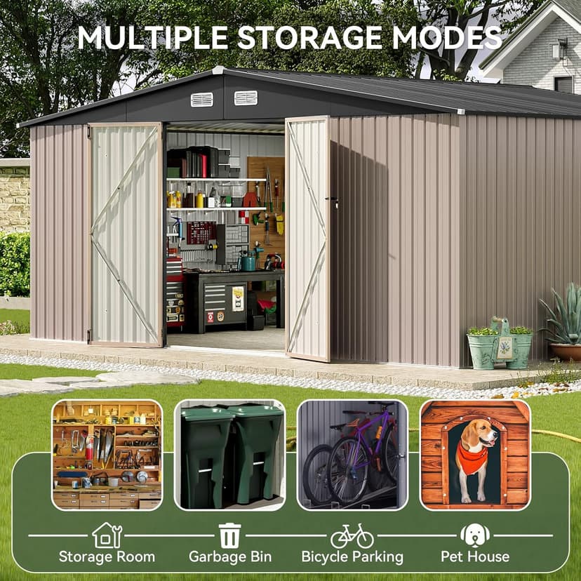 Aoxun 14x12 FT Shed Outdoor Storage Shed 800CUFT, Steel Utility Tool Shed Storage House with Door & Lock, Metal Sheds Outdoor Storage for Garden Patio Lawn Poolside, Brown