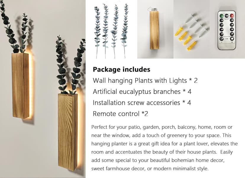 Artificial Eucalyptus with LED Lights Wall Planters Rustic Wall Decor with Lights Wall Sconces Fake Vines for Room Decor Home Bedroom Living Room Bathroom Hanging Vase for Dried Flowers Faux Plants