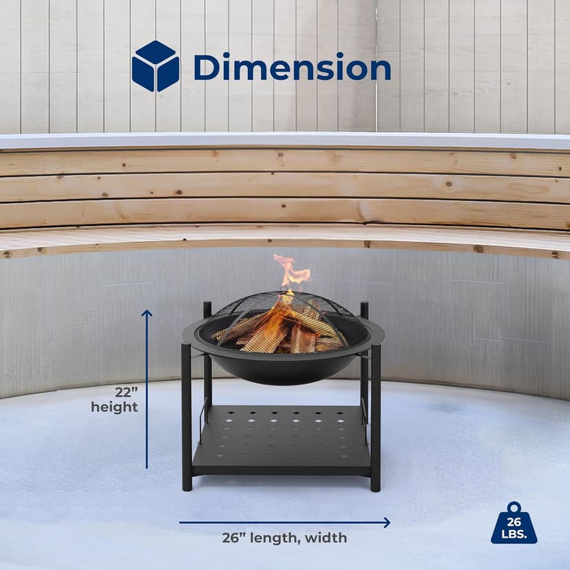 SereneLife 26" Outdoor Wood Fire Pit with BBQ Grill, Mesh Screen, and Wood Storage – Heavy-Duty Steel Frame, Heat-Resistant – Ideal for Bonfires, Camping, and Outdoor Cooking