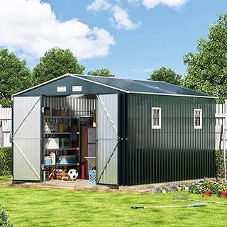 10X12X7.5 FT Outdoor Steel Storage Shed with Lockable Doors, 2 Windows, Transparent Roof Panels (Wood Panels & Frame Floor Not Included), Ideal for Patio Storage,Garbage Can, Chicken Coop
