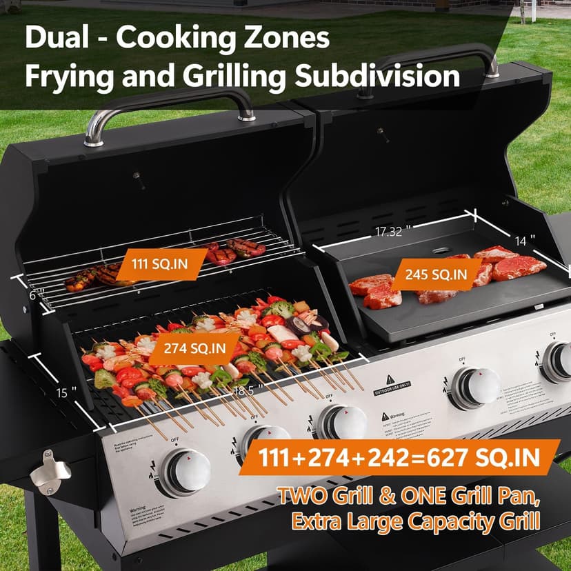 5-Burner Propane Gas Grill,griddle grill combo Double Grills with Storage space,54,000 BTU 627 SQ.IN.Output Stainless Steel Grill for Outdoor Cooking Kitchen, Garden and Patio Backyard Barbecue
