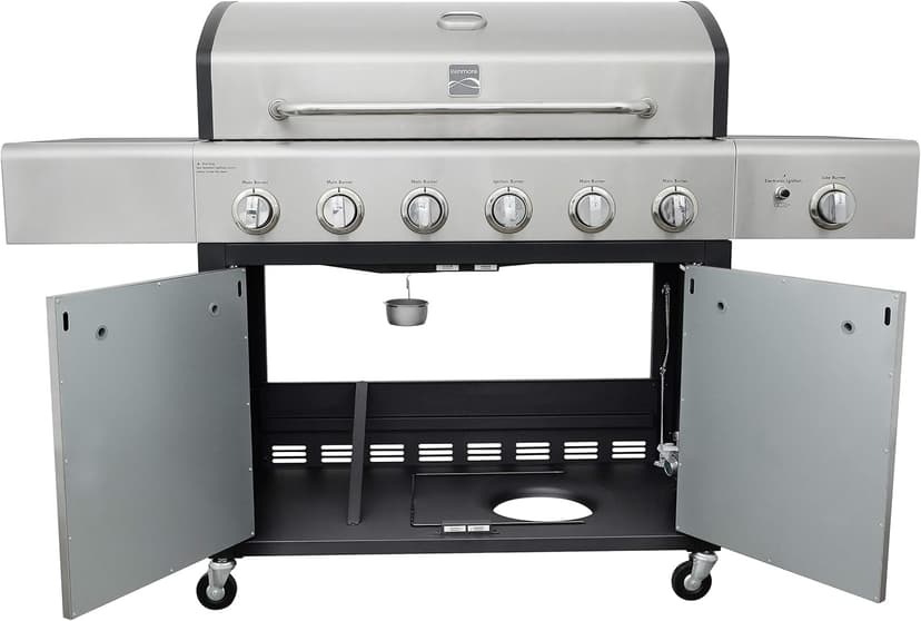 Kenmore 6-Burner Propane Gas BBQ Grill with Side Burner, 73,000 BTUs, Stainless Steel Cabinet Grill with Cast Iron Grates for Outdoor Cooking, Backyard BBQ, Patio, Large Parties