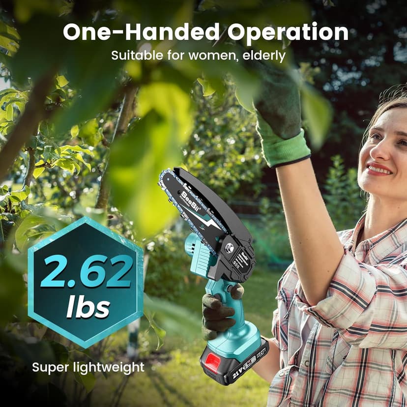 Seesii Mini Chainsaw Cordless 6-inch, Handheld Electric Power Chain Saw with 2 Batteries, for Tree Trimming Wood Cutting, Best Gifts for Dad, Husband