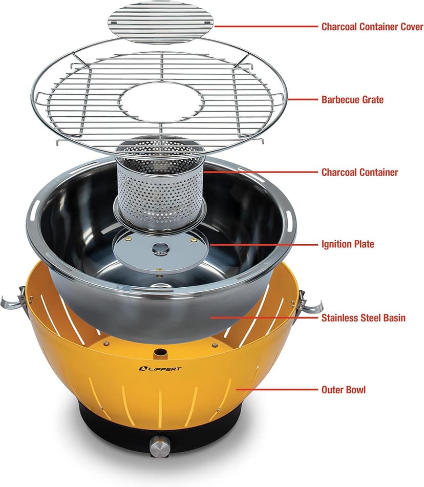 Lippert Odyssey Portable Grill - Compact and Versatile Charcoal Grill for Camping, Tailgating, and Outdoor Cooking - Lightweight and Durable Design with Large Cooking Surface - Amber