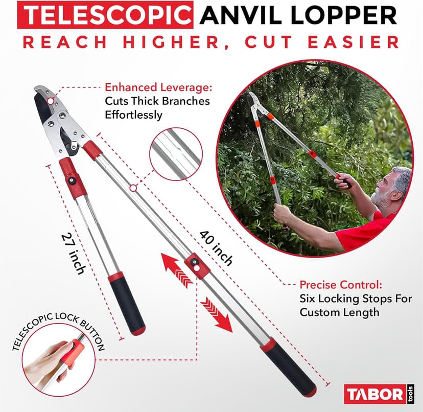 TABOR TOOLS GG22A Telescopic Extendable Anvil Lopper with Compound Action, 27-40 Inch Telescopic Tree Trimmer, Long Handled Branch Cutter with ⌀ 2 Inch Cut Capacity, Chops Thick Branches with Ease.